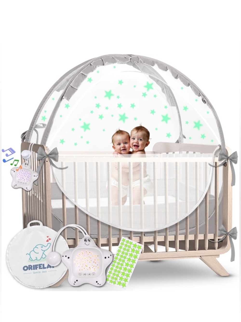 Baby crib net with glow-in-the-dark stickers
